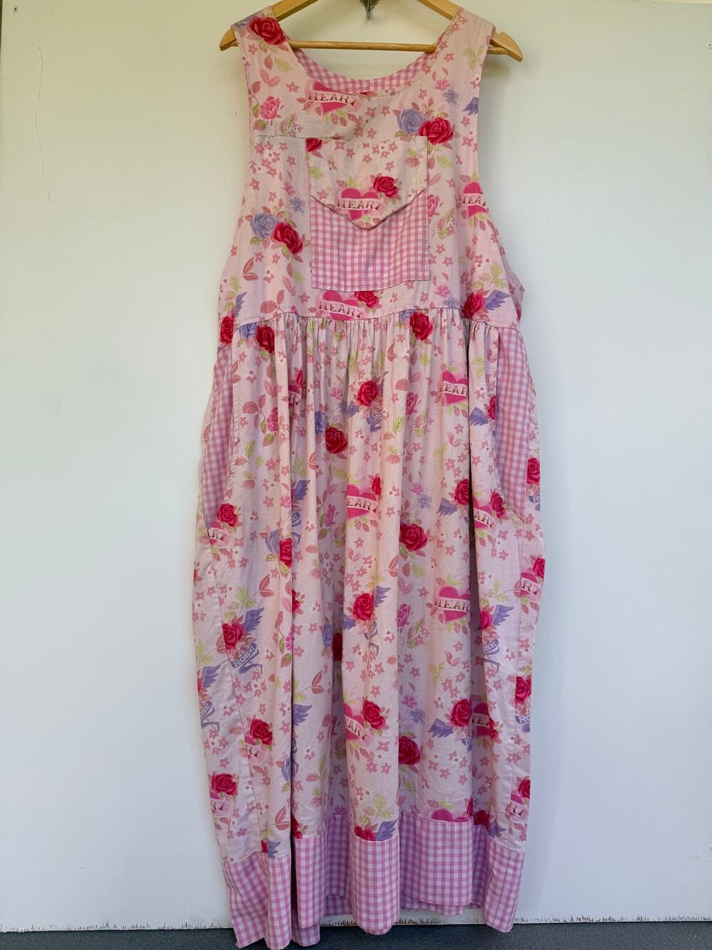 Dee's Designs 2X Pink Floral Gingham Maxi Dress Cottagecore Mori Kei Apron